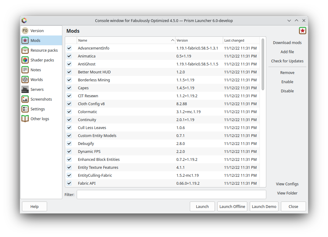 Mods tab under PrismLauncher settings